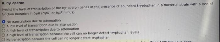B. trp operon
Predict the level of transcription of the trp operon genes in the presence of abundant tryptophan in a bacteria