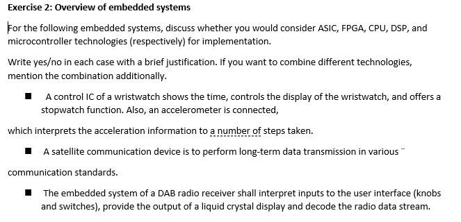 Solved Exercise 2: Overview of embedded systems For the | Chegg.com