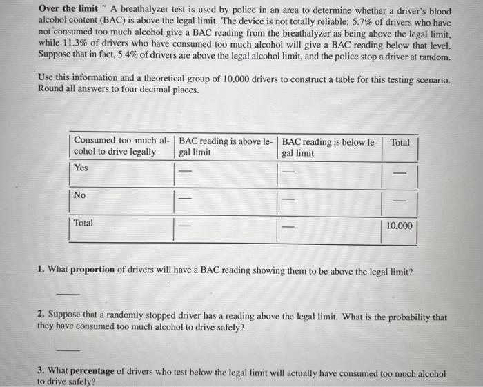 Solved Over the limit A breathalyzer test is used by