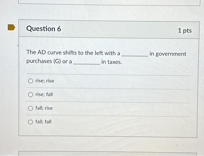 Solved Question 6 The AD curve shifts to the left with a | Chegg.com