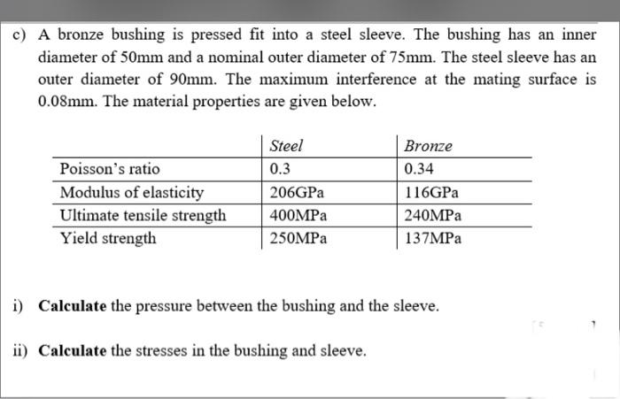 Solved c) A bronze bushing is pressed fit into a steel | Chegg.com