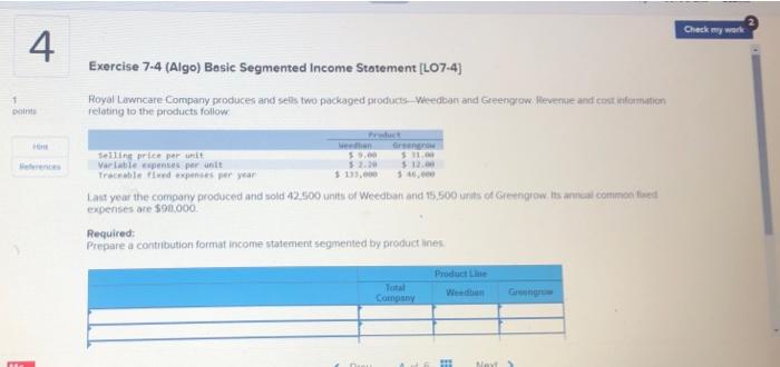 Exercise 7.4 (Algo) Basic Segmented Income Statement | Chegg.com