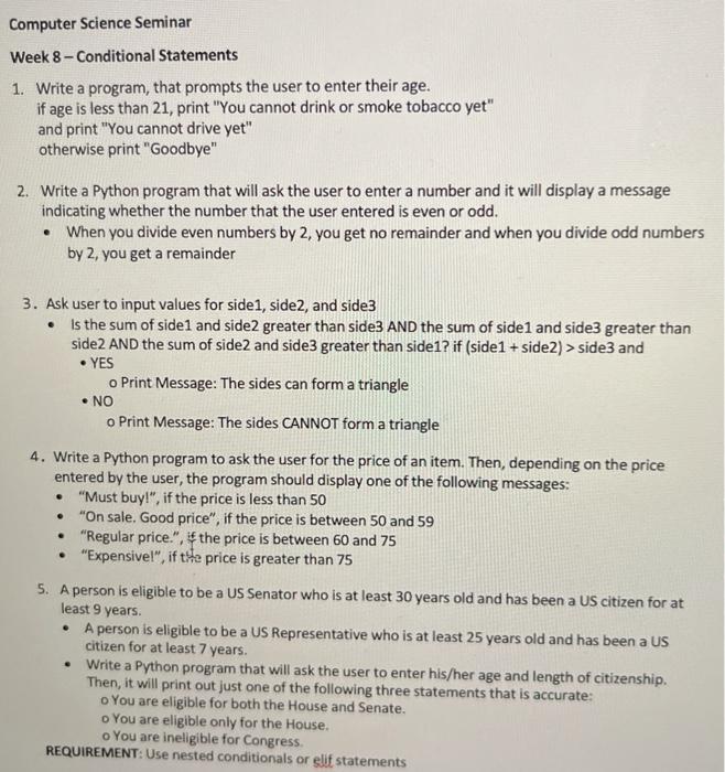 Solved Computer Science Seminar Week 8-Conditional | Chegg.com