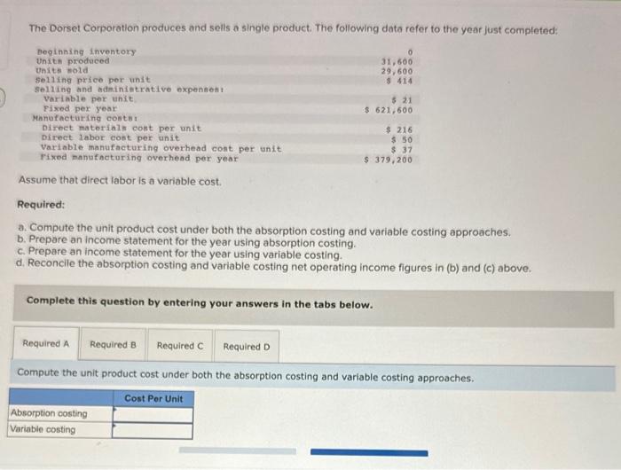Solved The Dorset Corporation produces and sells a single