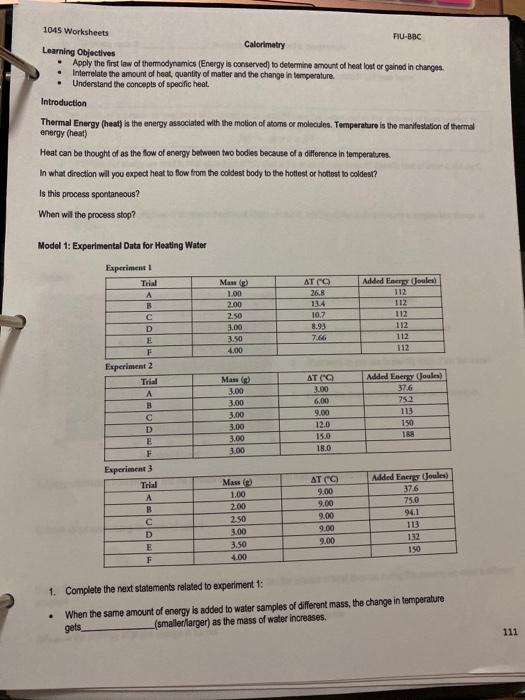 Solved 1045 Worksheets FIUBBC Calorimetry Learning