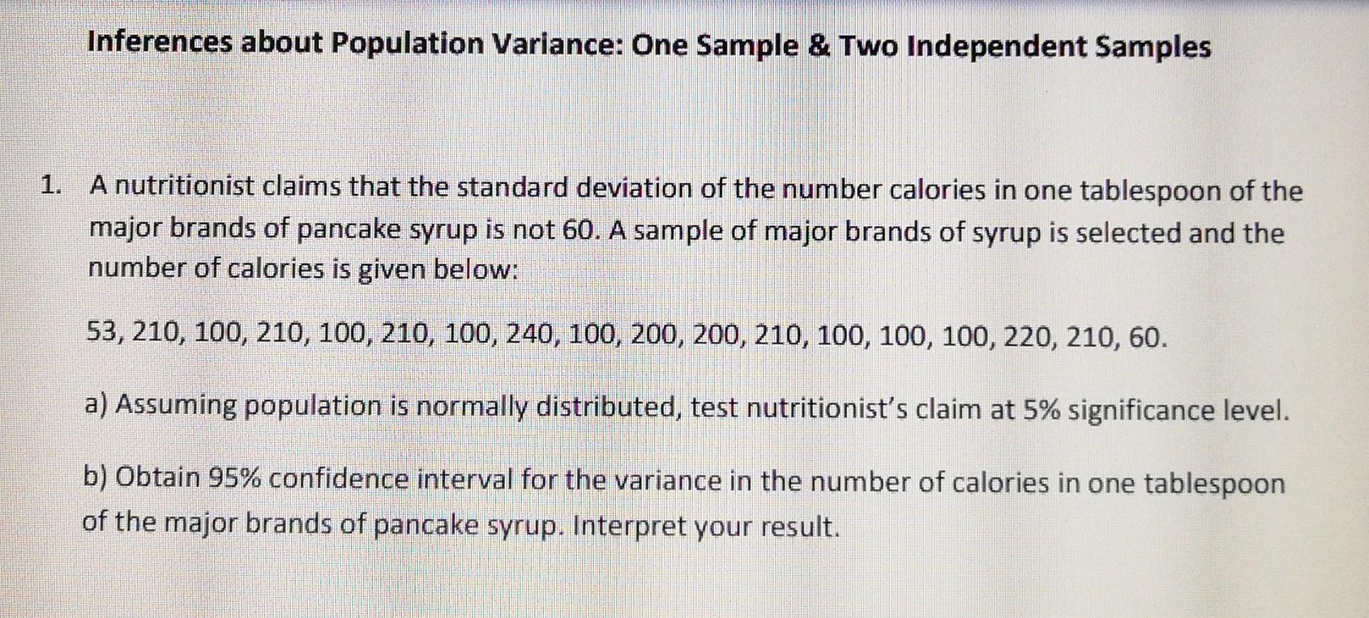 Solved Inferences about Population Variance: One Sample \& | Chegg.com