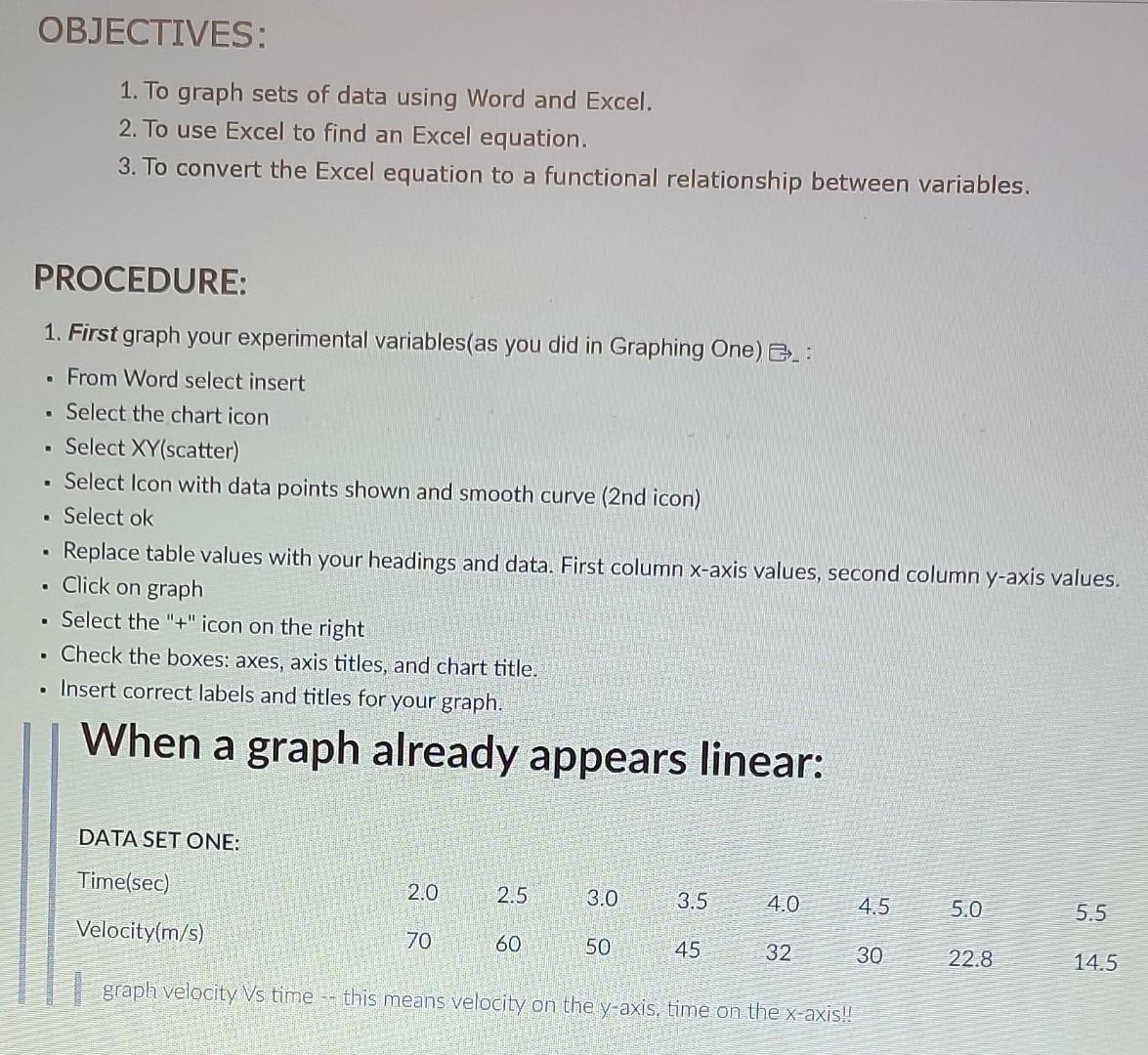 BJECTIVES: 1. To graph sets of data using Word and | Chegg.com