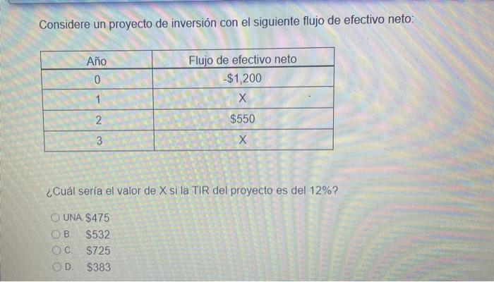 Considere un proyecto de inversión con el siguiente flujo de efectivo neto: Año 0 Flujo de efectivo neto -$1,200 х 1 2. $550