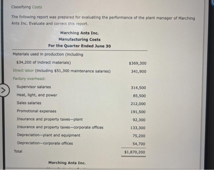 solved-classifying-costs-the-following-report-was-prepared-chegg