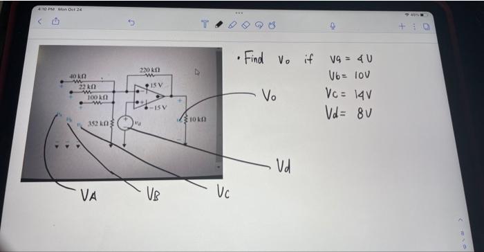 \( \begin{aligned} V a &=4 \mathrm{~V} \\ V_{b} &=10 \mathrm{~V} \\ V_{c} &=14 \mathrm{~V} \\ V_{d} &=8 \mathrm{~V} \end{alig