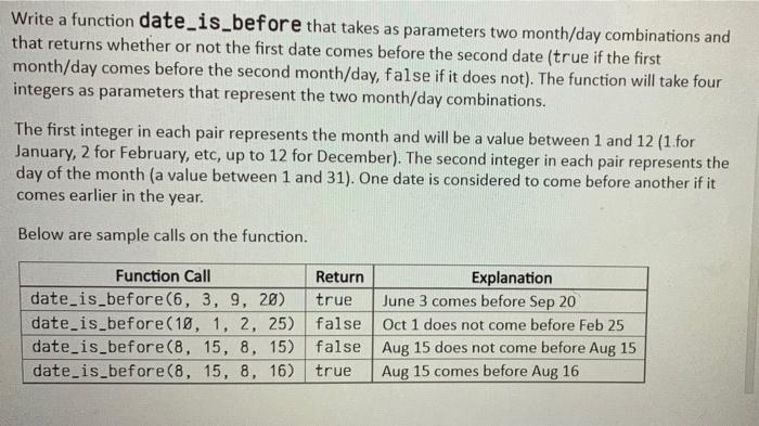 Solved Write a function date_is_before that takes as | Chegg.com