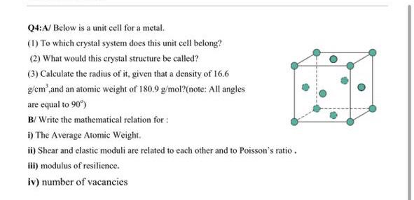 Solved Q4:A/ Below is a unit cell for a metal. (1) To which | Chegg.com