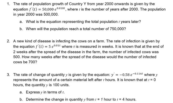 Solved 1. The rate of population growth of Country Y from | Chegg.com