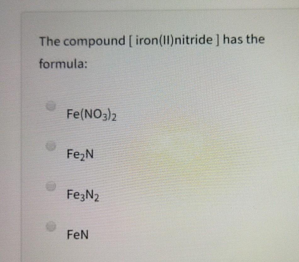 Solved The compound [iron(II)nitride] has the formula: | Chegg.com