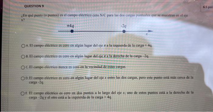 ¿En qué punto (o puntos) es el campo eléctrico cero N/C para las dos cargas punfuales que se muestran en el eje \( x^{2} \) ?