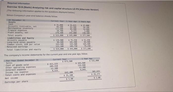 Solved Required information Exercise 13-9 (Static) Analyzing | Chegg.com