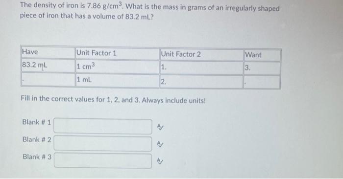 The density of iron is \( 7.86 \mathrm{~g} / \mathrm{cm}^{3} \). What is the mass in grams of an irregularly shaped piece of 