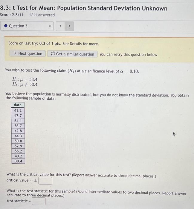 Solved 8.3: t Test for Mean: Population Standard Deviation | Chegg.com