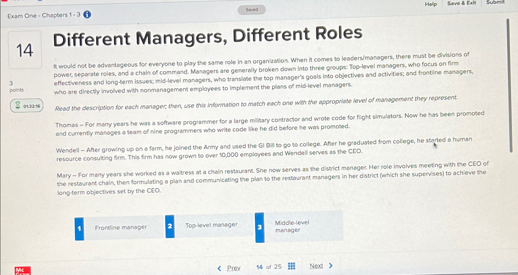 Solved Exam One-Chapters 1 - 3 (i)14Different Managers, | Chegg.com