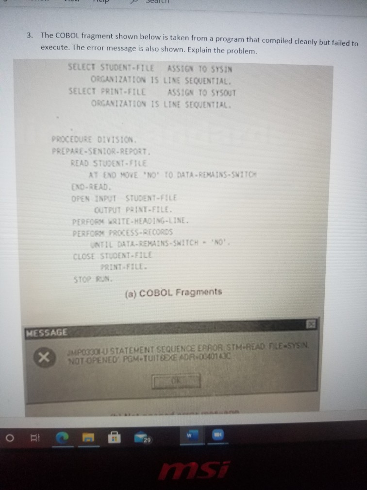 Solved 3. The COBOL fragment shown below is taken from a | Chegg.com