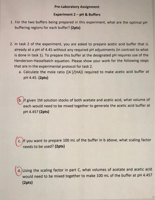 Solved PreLaboratory Assignment Experiment 2pH & Buffers