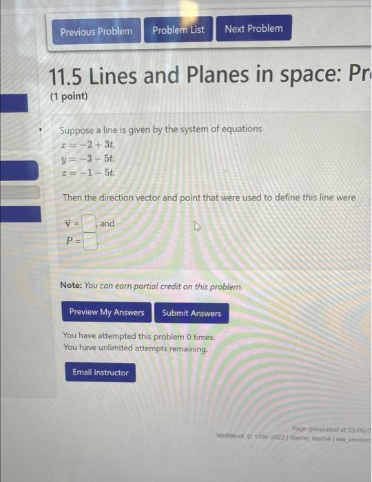Solved 11.5 Lines and Planes in space Pr (1 point) Suppose