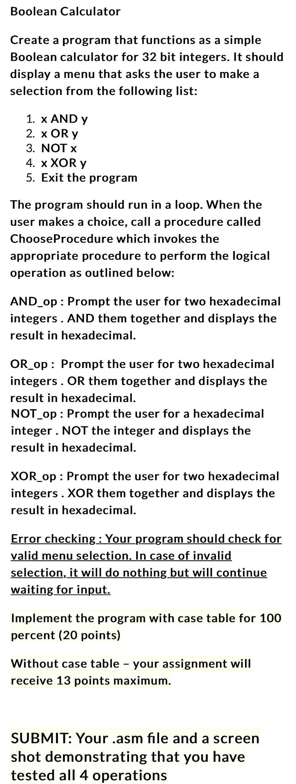Solved boolean calculator assembly languge please create a chegg
