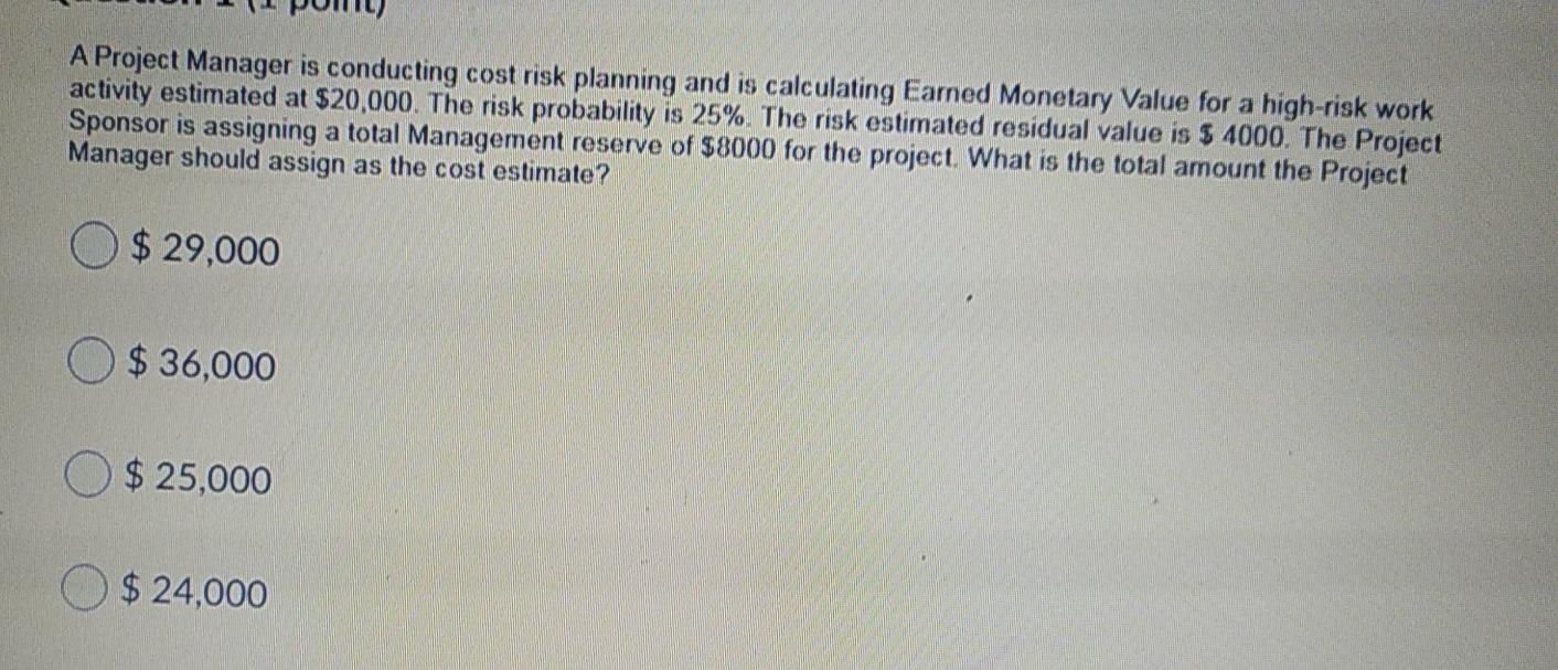 Solved A Project Manager is conducting cost risk planning | Chegg.com