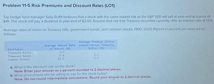 Solved Problem 11-5 Risk Premiums and Discount Rates (LO1) | Chegg.com