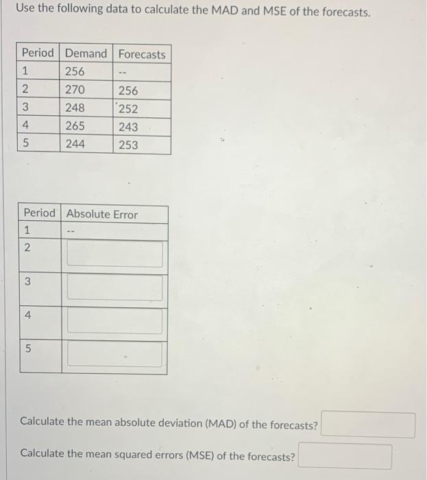 Solved Use the following data to calculate the MAD and MSE | Chegg.com
