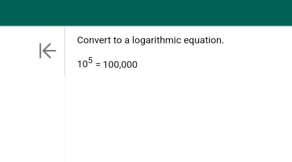 Solved Convert to a logarithmic equation.105=100,000 | Chegg.com