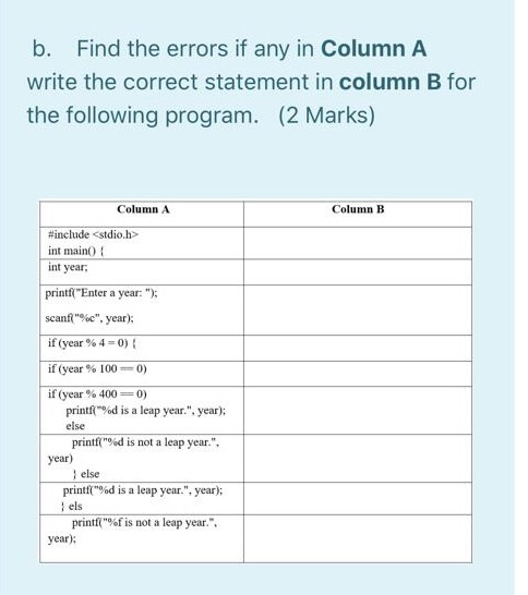 Solved B. Find The Errors If Any In Column A Write The | Chegg.com