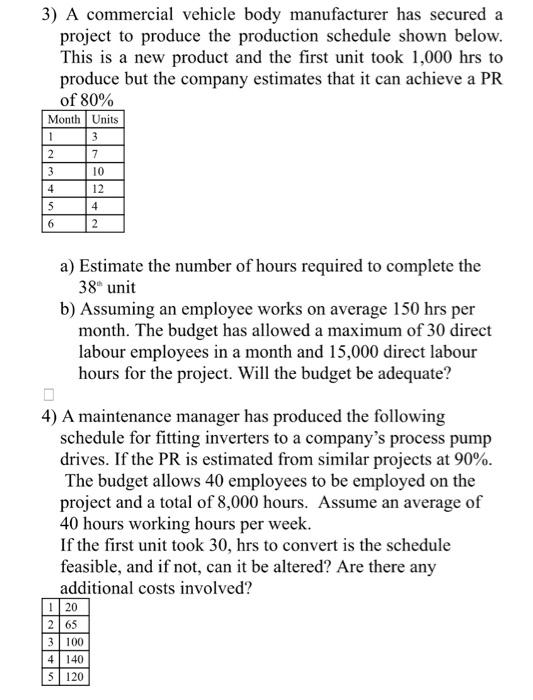 3) A commercial vehicle body manufacturer has secured a project to produce the production schedule shown below. This is a new