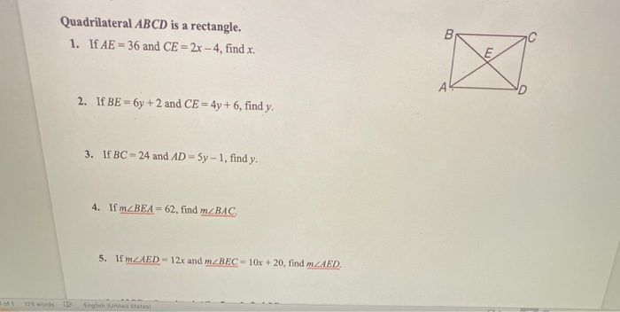 Solved Quadrilateral Abcd Is A Rectangle 1 If Ae 36 A Chegg Com
