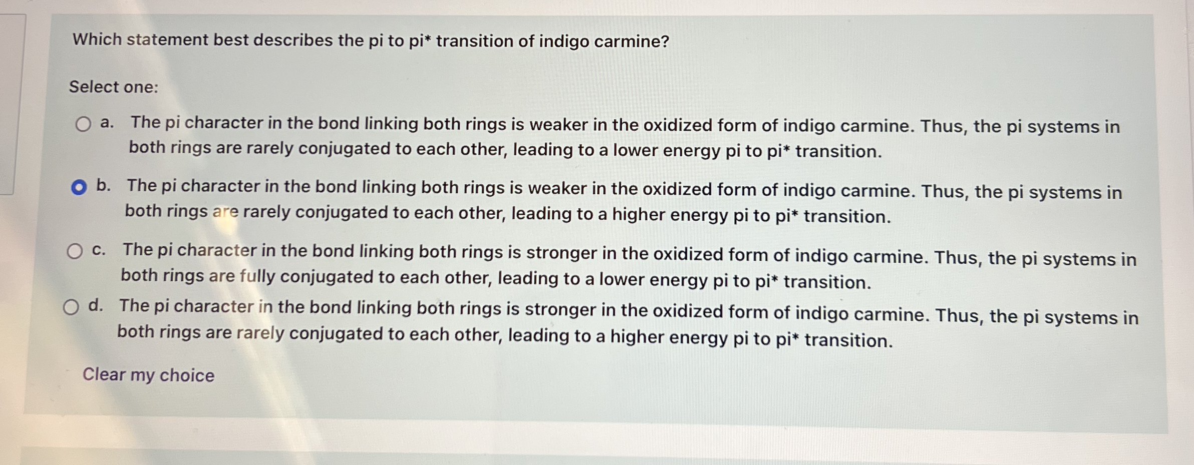 Solved Which statement best describes the pi to pi* | Chegg.com