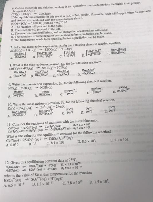 Solved 6. Carbon monoxide and chlorine combine in an | Chegg.com