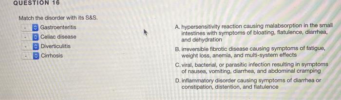 Solved QUESTION 16 Match the disorder with its S&S. | Chegg.com
