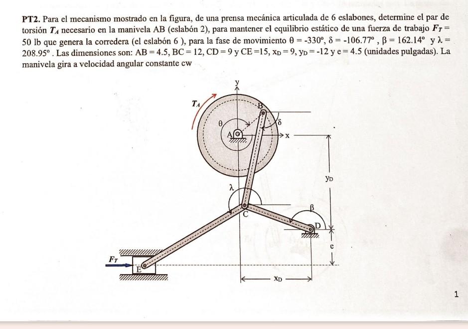 PT2. Para el mecanismo mostrado en la figura, de una prensa mecánica articulada de 6 eslabones, determine el par de torsión \