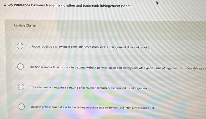 A key difference between trademark dilution and trademark infringement is that:
Multiple Choice
dilution requires a showing o