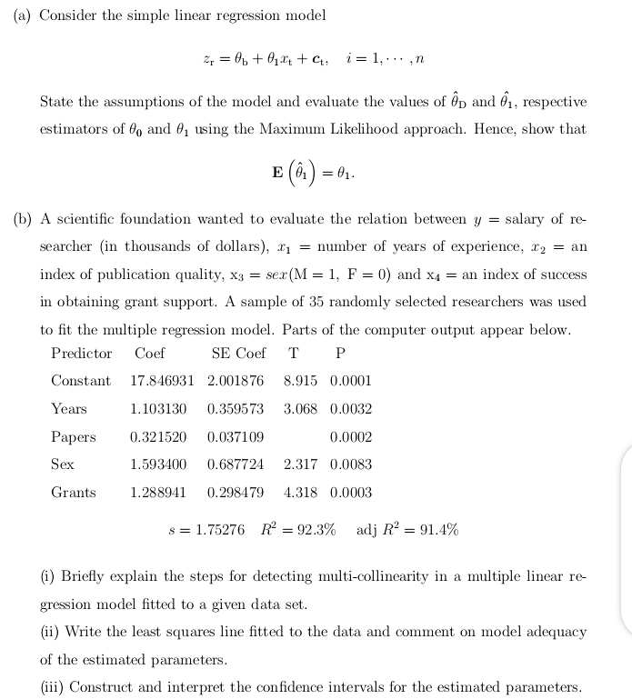 Solved (a) Consider The Simple Linear Regression Model | Chegg.com