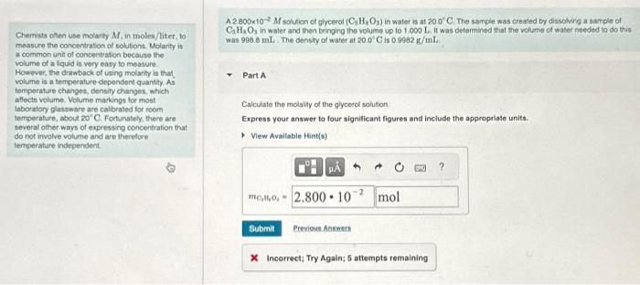 Solved Chemists ohen use molarly M, in moles/liter, to | Chegg.com
