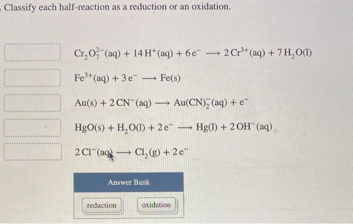 Solved Classify each half-reaction as a reduction or an | Chegg.com