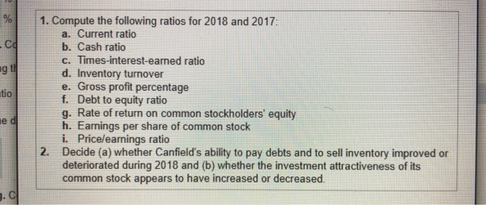 Solved cd to 1. Compute the following ratios for 2018 and | Chegg.com