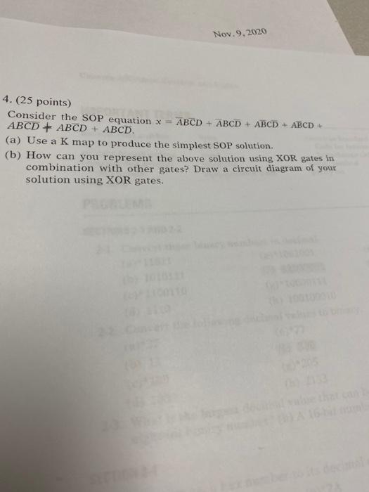 Solved Nov.9.2020 4. (25 Points) Consider The SOP Equation X | Chegg.com