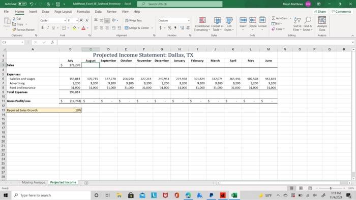 Solved Display The Projected Income Worksheet. In Cell C3, 