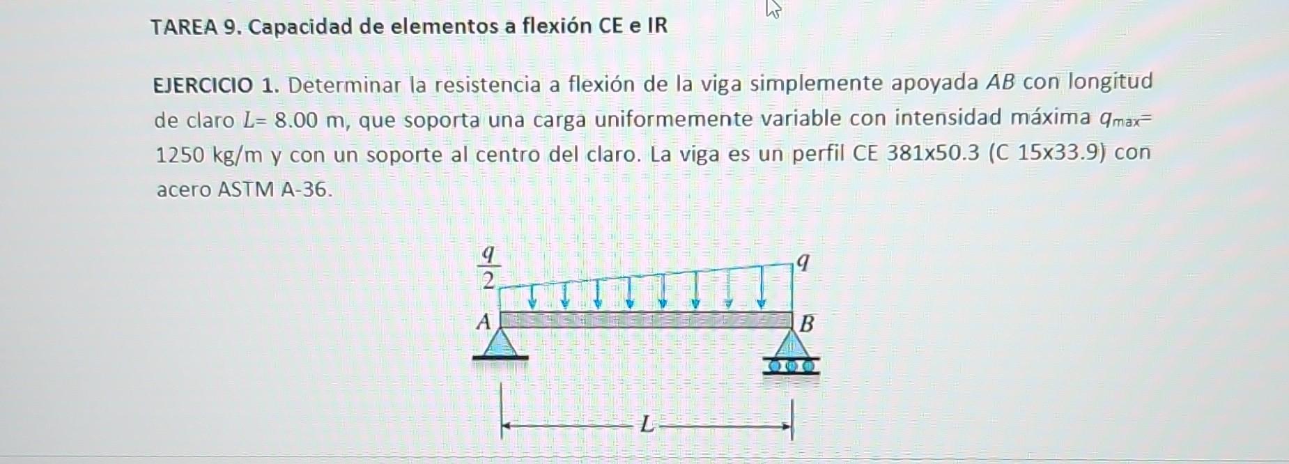 EJERCICIO 1. Determinar la resistencia a flexión de la viga simplemente apoyada \( A B \) con longitud de claro \( L=8.00 \ma