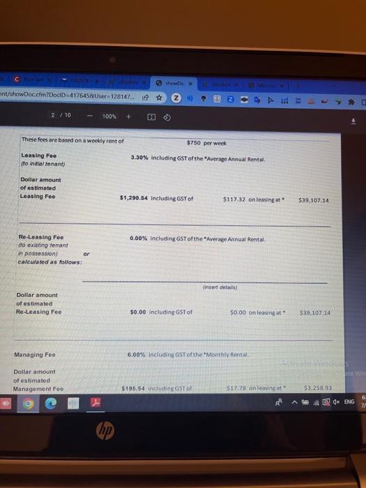Solved These fees are based on a weedly rent of $750 per | Chegg.com