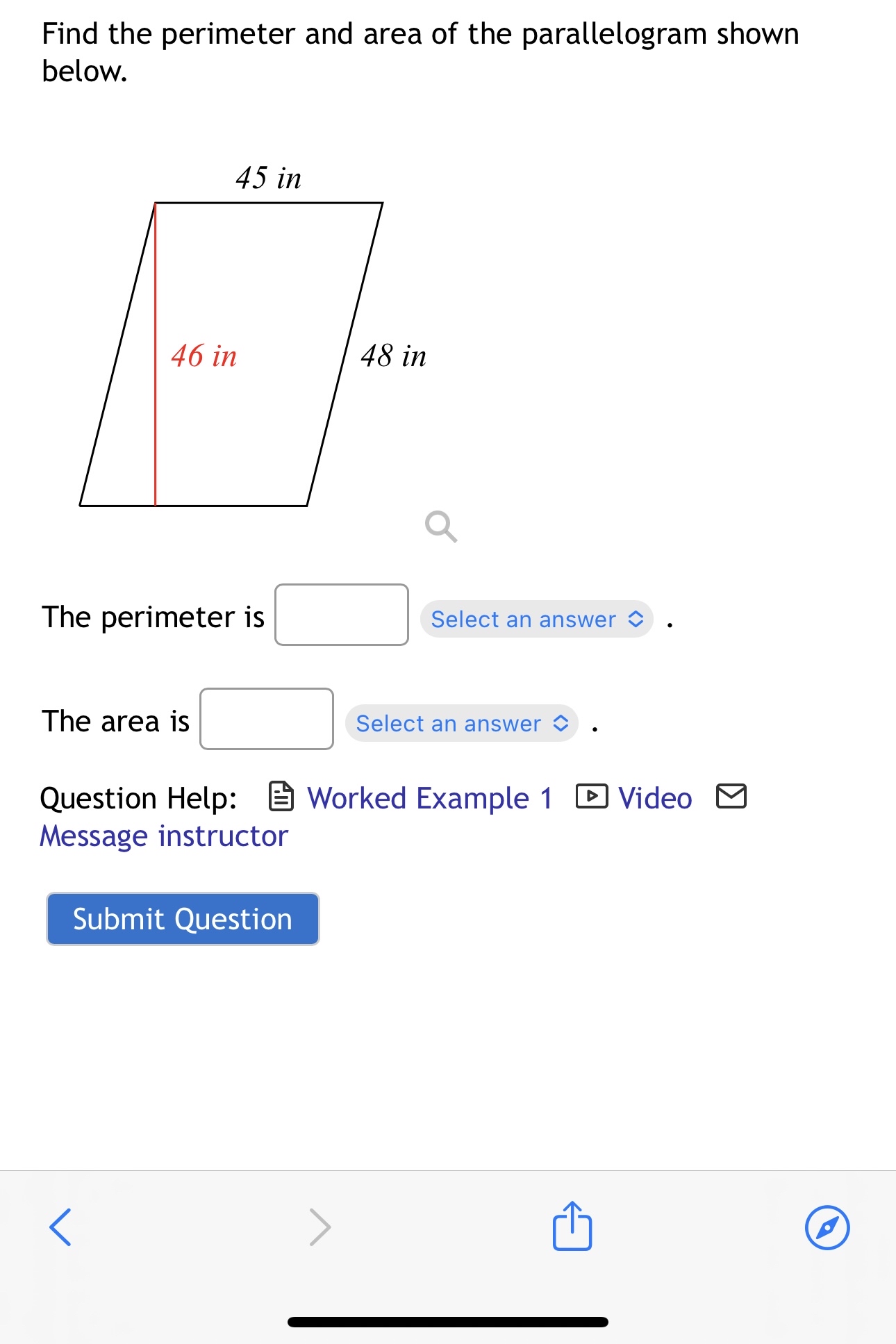 Solved Find the perimeter and area of the parallelogram | Chegg.com