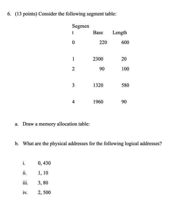 Solved 6. (13 points) Consider the following segment table: | Chegg.com