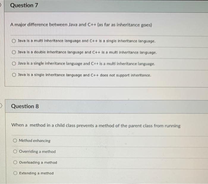 Solved Question 7 A major difference between Java and C++ | Chegg.com
